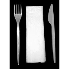   Műanyag előrecsomagolt kés, villa, szalvéta (fehér) [250db]